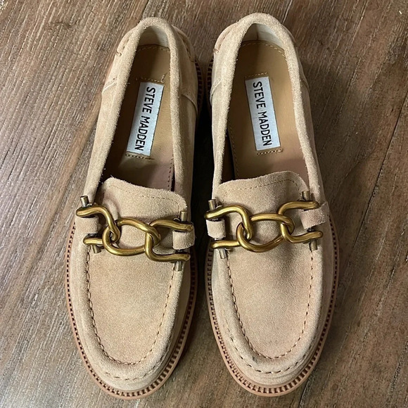 STEVE MADDEN Tan Suede Karmine Chunky Slip On Leather Loafer w Chain 5.5 - Picture 7 of 8
